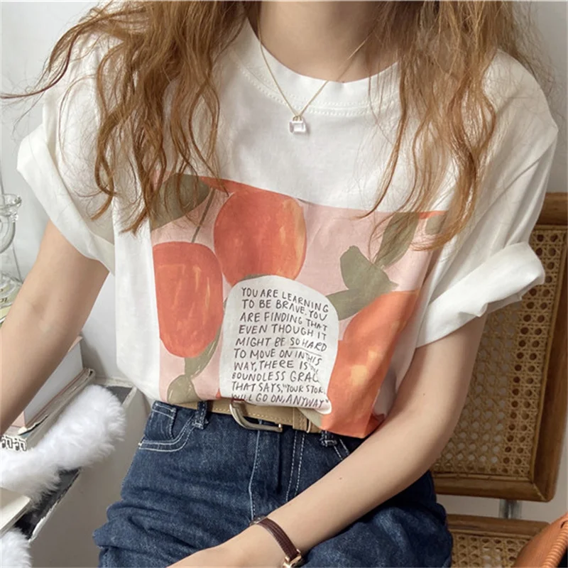 

HziriP Summer All-Match Sweet Printing Florals 2021 Girls Comfortable Cotton Femme Tops Loose Short-Sleeved Ladies Chic T-Shirts
