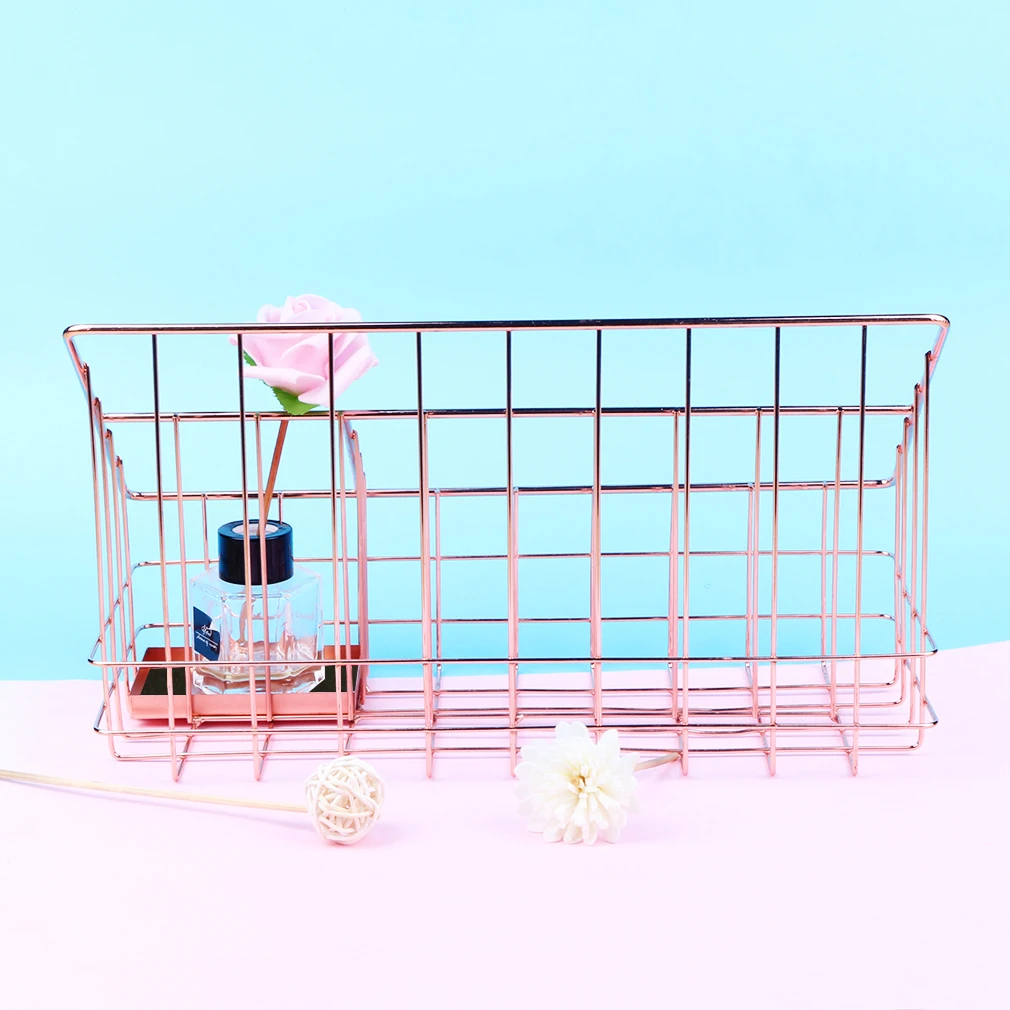 Rose Gold Metal Storage Basket Office Table Book Pen Finishing Basket Scandinavian Kitchen Seasoning Bottle Organizer Rack