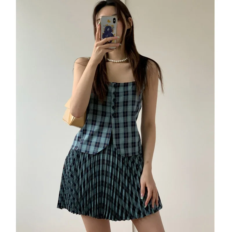 

Женский комплект с жилетом Y2K, корейский стиль, однобортный Топ, плиссированная мини-юбка, летний наряд в клетку, 2021