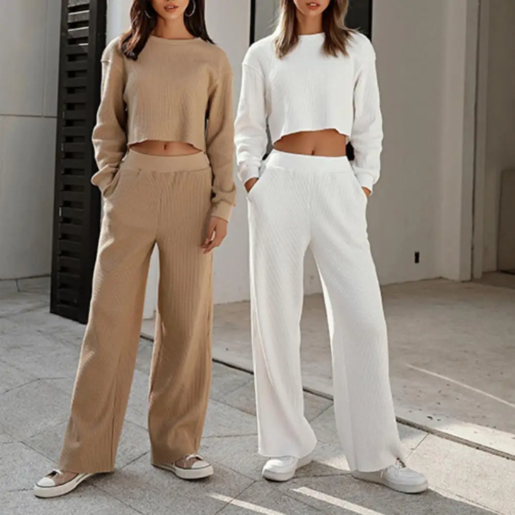 

1 Set Autumn Tracksuit Women Crop Top Pants Set Solid Color Waffle Women O Neck Blouse Straight Leg Trousers Two Piece Set