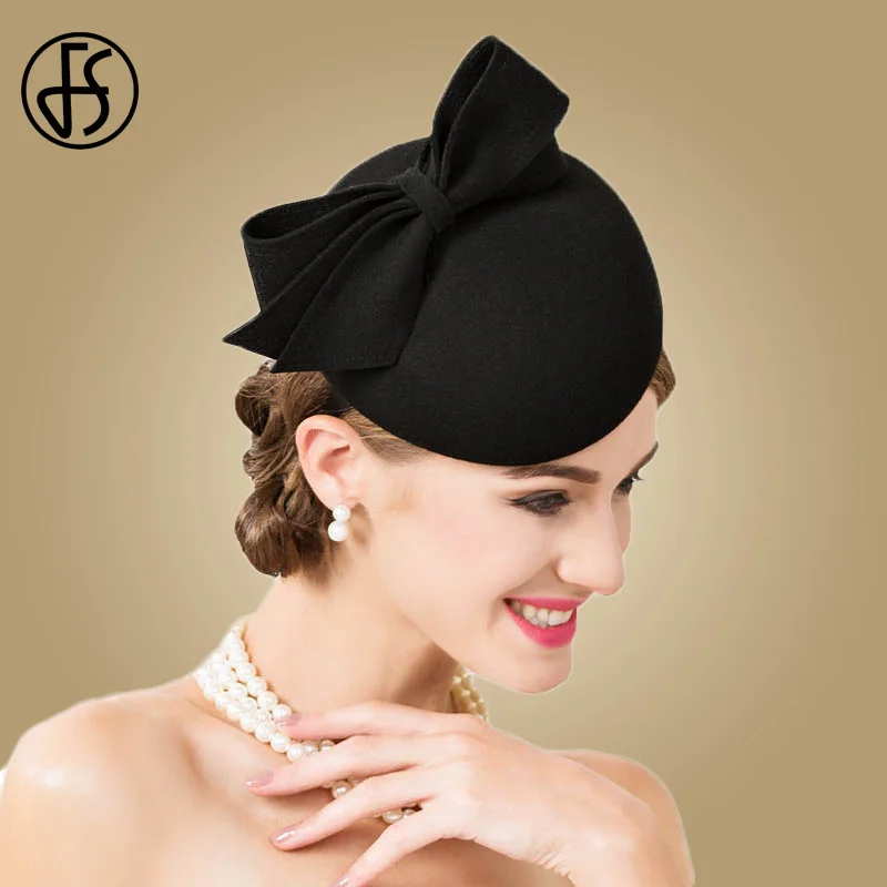 Black Fascinator Hat FS Вуалетка для женщин Элегантная черная шерстяная Pillbox шляпа леди Fedoras фетр Свадебные винтажные вечерние в церковном стиле Дерби Chapeau Pour Mariage - Цвет: Black Fascinator Hat