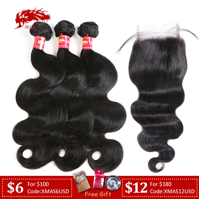 Ali queen hair 3 шт. бразильские объемные волнистые волосы remy пряди с закрытием шнурка /средняя часть Pro. Ratio 9A пряди с закрытием