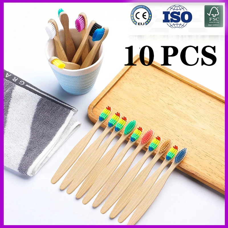 

10PCS Zero Waste Wood Toothbrush Natural Bamboo Handle Tooth Brush Solid Color Soft Bristle Toothbrushes Products Oral Hygiene