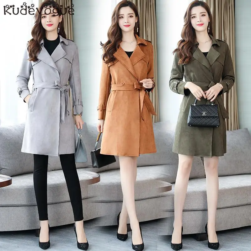 

Trench coat women's mid-length Korean spring and autumn waist faux fur coat