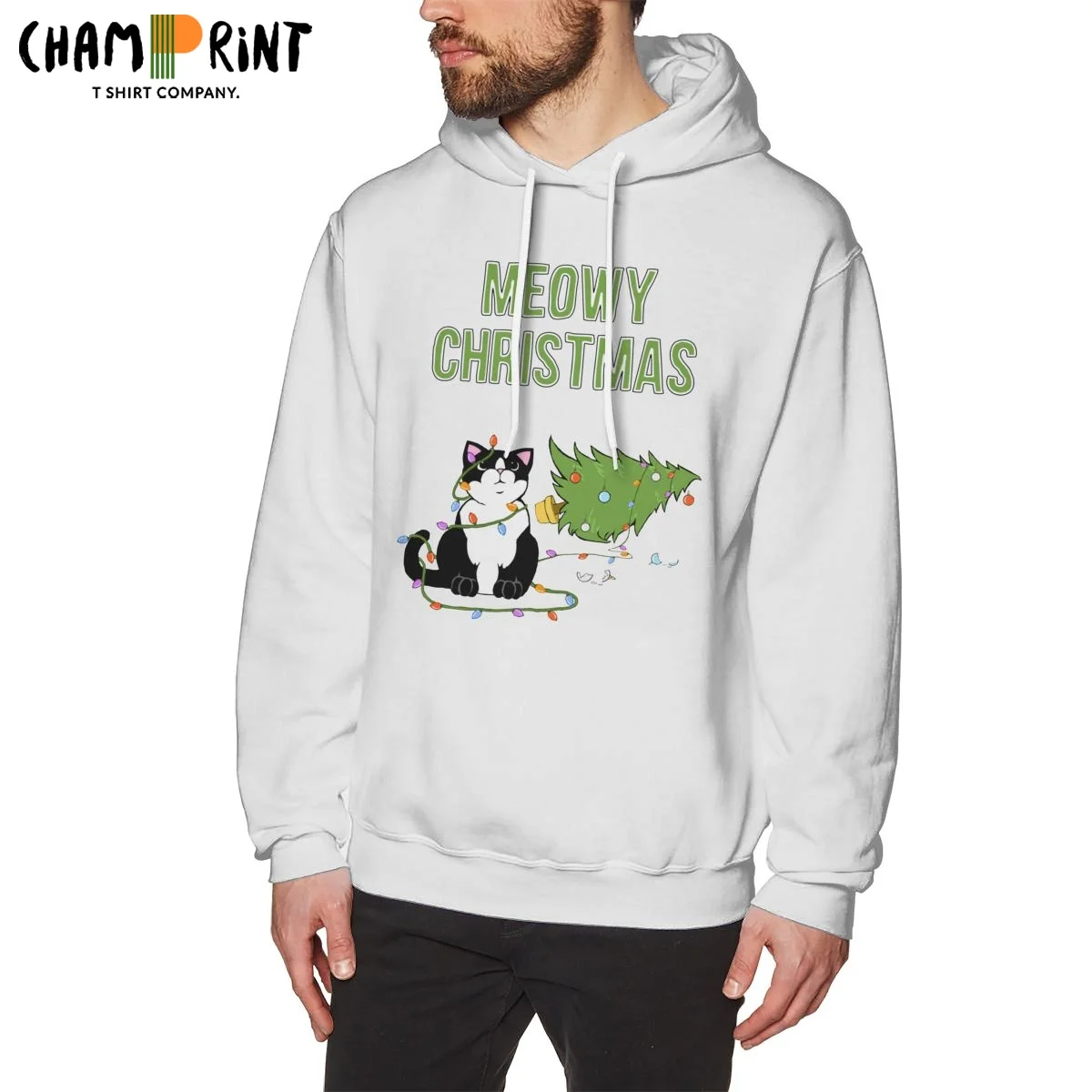 

Men Hooded Sweatshirt Christmas Cat Tuxedo Cat Xmas Tree Funny Kitty Cotton Normal Vintage Hoodie Meowy Christmas Hoodie Shirt