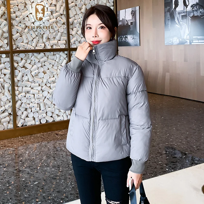 2021 Winter Jacket Women Parkas Solid Color Zipper Stand Collar Thicken Warm Coat Women Fashion Streetwear Loose Short Jacket