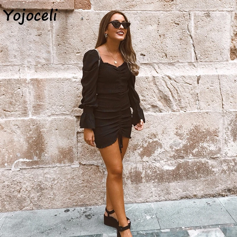 Yojoceli, сексуальное платье с цветочным принтом, гофрированное, женское, квадратный вырез, длинный рукав, тонкое, мини платье, шифоновое платье