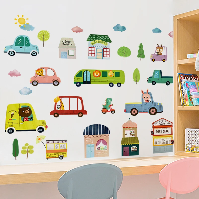 Cartoon Car Wall Stickers for Boy Room Decor Kids Room Bedroom Nursery Wall Decoration Poster DIY Self-adhesive Wall Decals