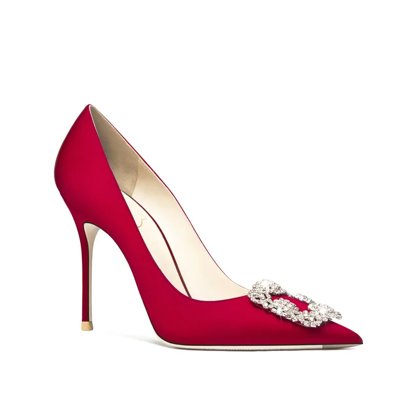 HLTINO Qauality Gift Crystal High Heeled Pump Silk Satin Women Wedding Stilettos Autumn Winter Bride Blue Shoes Evening