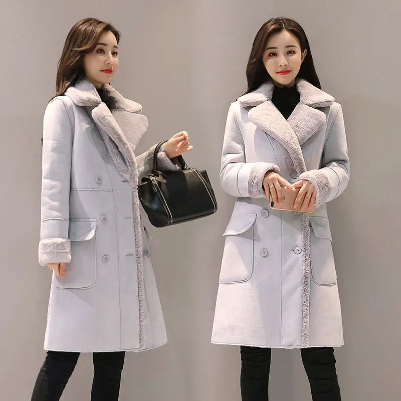 Ladies Winter Faux Lamb Wool Warm Jacket Female Korean Version Plus Velvet Thick Solid Double-breasted Mid-length Lapel Coat