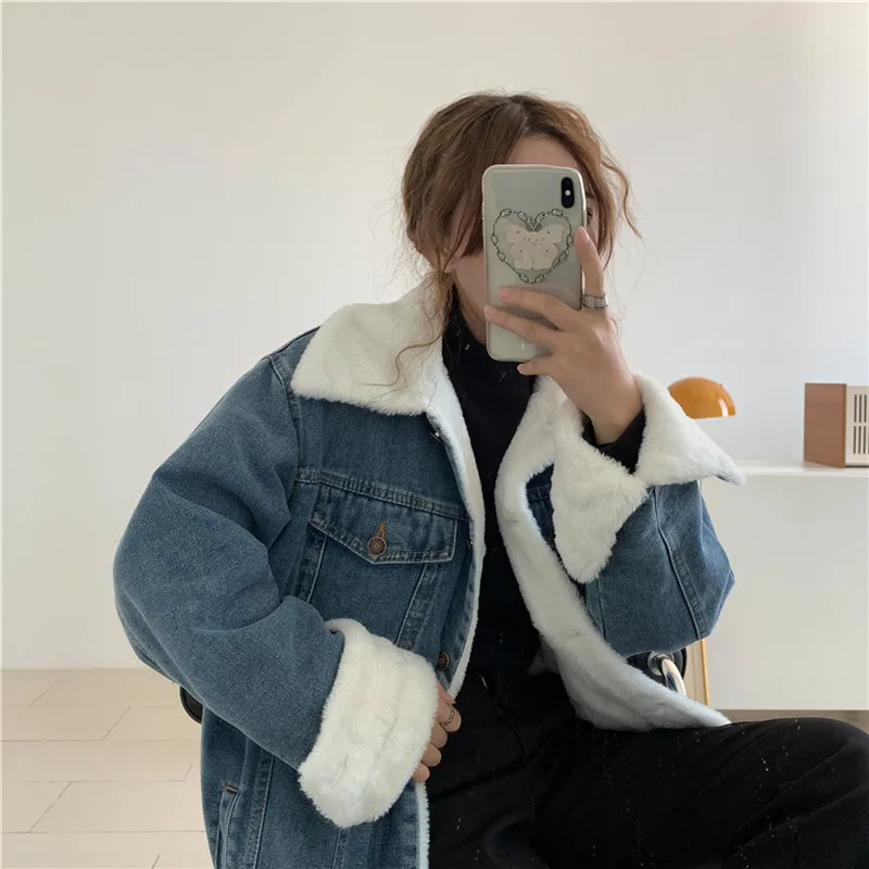 

Women's Denim Clothing Winter Coat Thickened Denim Jackets Lamb Wool Warm Turn Down Collar Parka Casual Loose Outwear X275