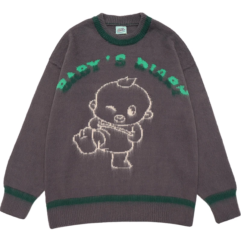 

Японский свободный свитер для ленивых мужчин, жаккардовая трикотажная одежда для мальчиков с мультяшным рисунком, парный Бежевый свободны...