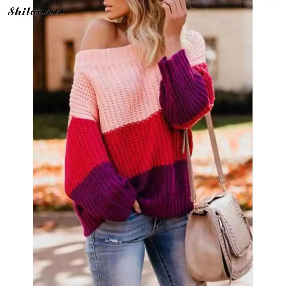 

Sexy Autumn Off Shoulder Sweater Women Patchwork Color Block Striped Pullover Long Sleeve Loose Knit Sweaters Female Jumper New