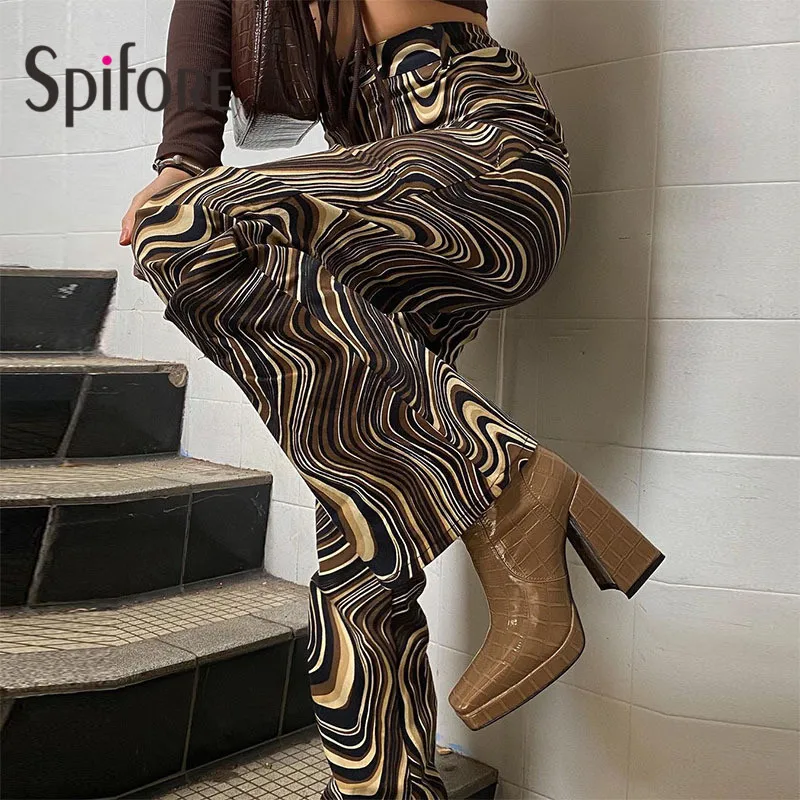 

Spifore Chic Tie Dye Pants Women Summer High Waist Wide Leg Pants Brown Ripple Print Vintage Ladies Trousers Streetwear