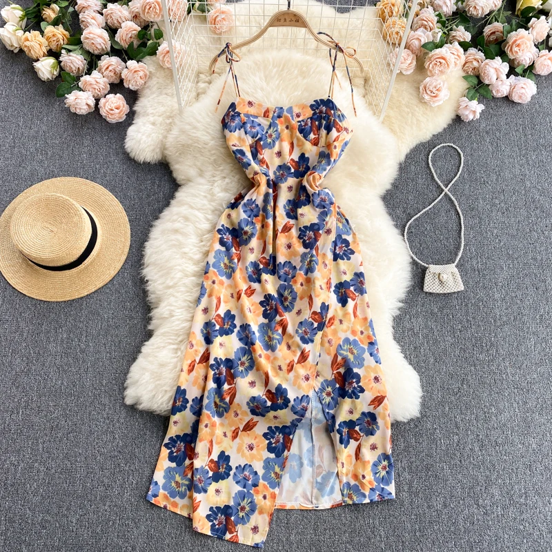 Летнее новое платье с цветочным рисунком женское Бандажное разрезом высокая