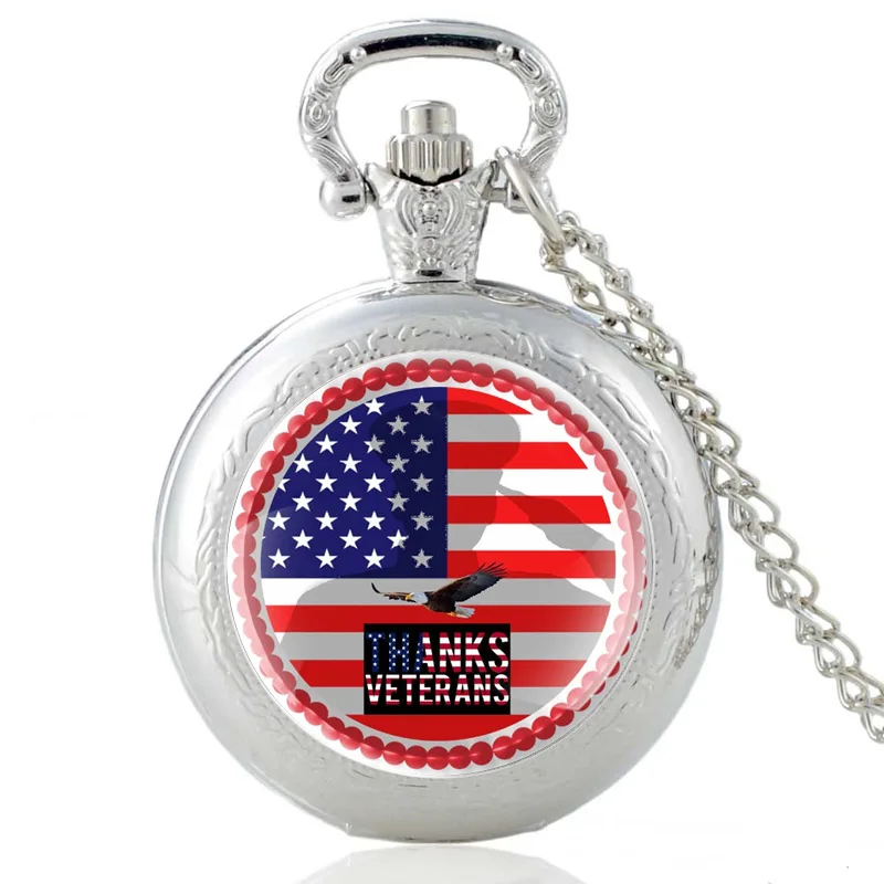 

Silver Color US Veterans Vintage Quartz Pocket Watch Men Women Glass Dome Classic Pendant Necklace Hours Clock Gifts