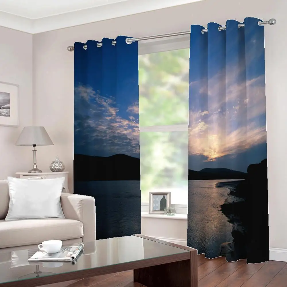 

Custom 3 D Living Room Bedroom Blackout Curtain Sunset Light Sea River Scenery Scenery Simple Landscape Drapes Decor Sets