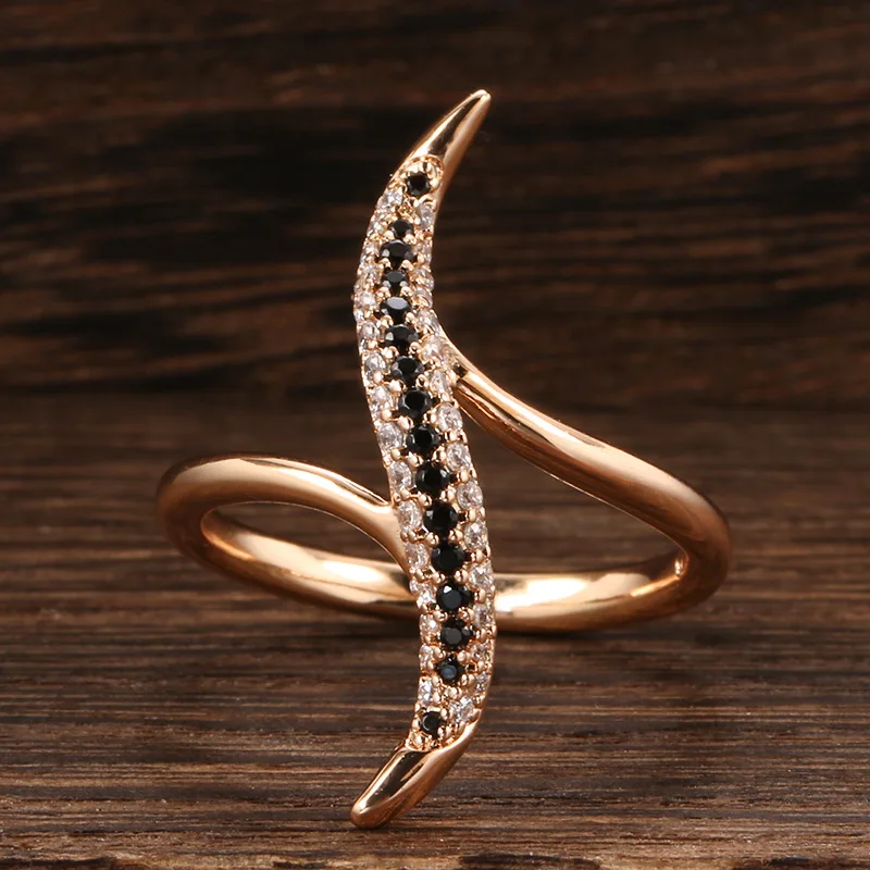 

Luxury Female White Black Crystal Ring Charm Rose Gold Color Wedding Rings For Women Cute Bride Wave Zircon Engagement Ring