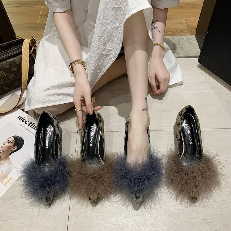 

2020 Autumn Single Shoes Low-cut Suede Leopard Princess Pointed Sleeve Fur Decoration Sexy High-heeled Comfortable Overshoes