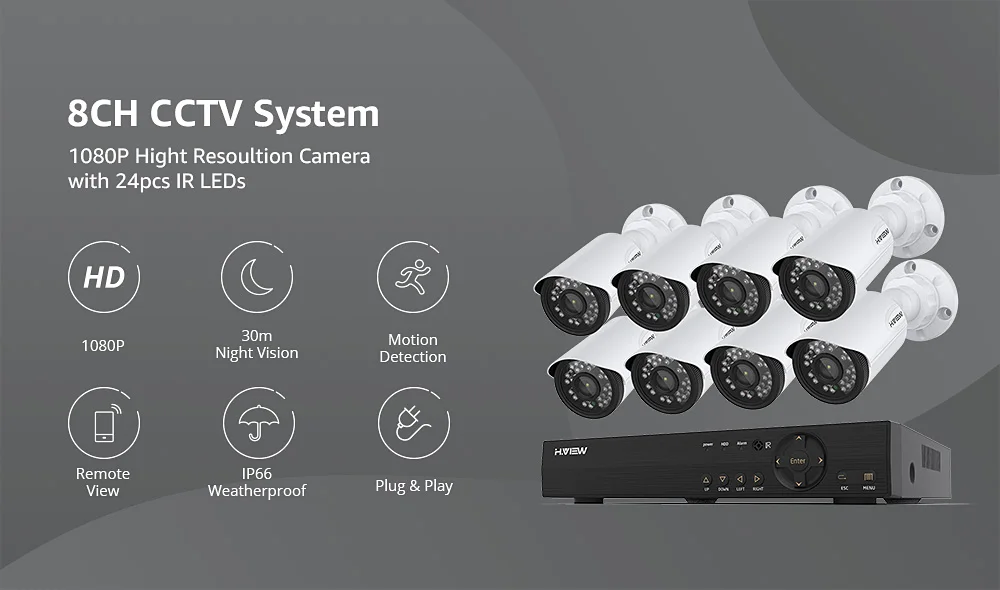H. View 8CH CCTV система 720P HDMI AHD 8CH CCTV DVR 8 шт 1,0 Мп ИК камера безопасности 1200 ТВЛ CCTV камера система наблюдения