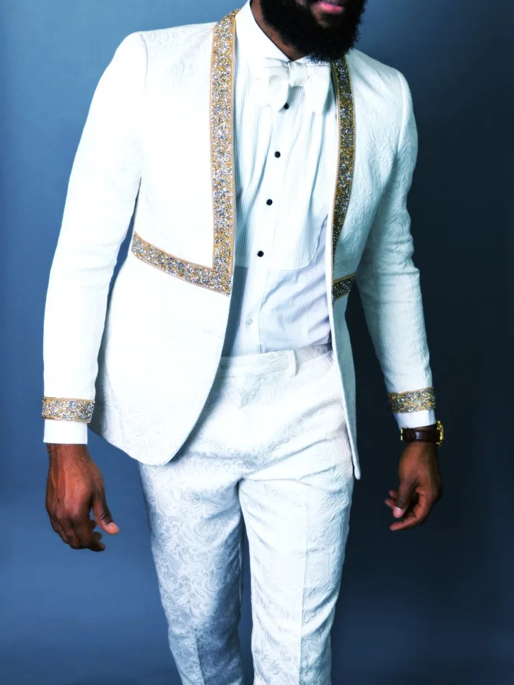 Новое поступление смокинг для жениха с белым узором мужские костюмы без пуговиц