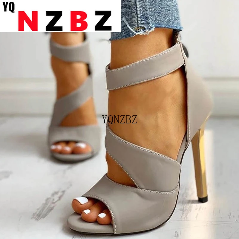 

Women Peep Toe Thin High Heels Sandals 2021 Woman Zip Sexy Party Shoes Women Summer New Ankle Strap Footwear Plus Size 35-43