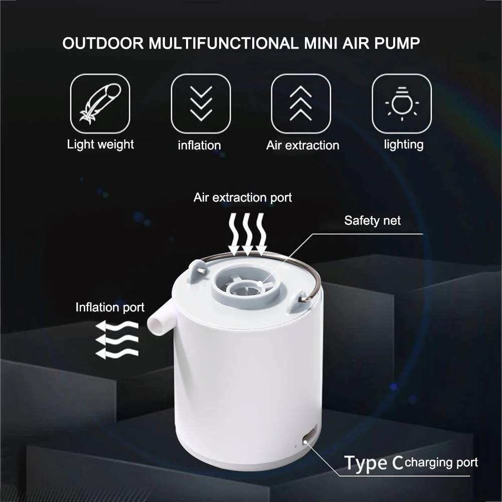 

3-in-1Mini Electric Inflatable Pump Ultralight USB Charging Multifunctional Outdoor Air Pump 3 Modes Camping Light