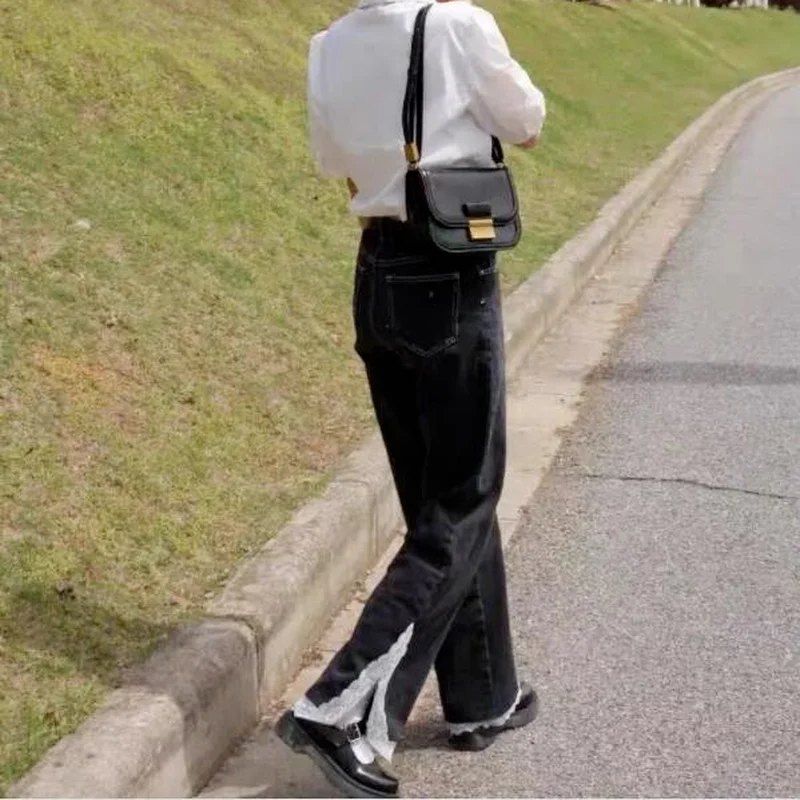 

Jeans Women Oversize Loose Lace Side-slit Ladies Full Length Trousers Cozy Chic All-match Fashion Elegant Korean Style Vintage