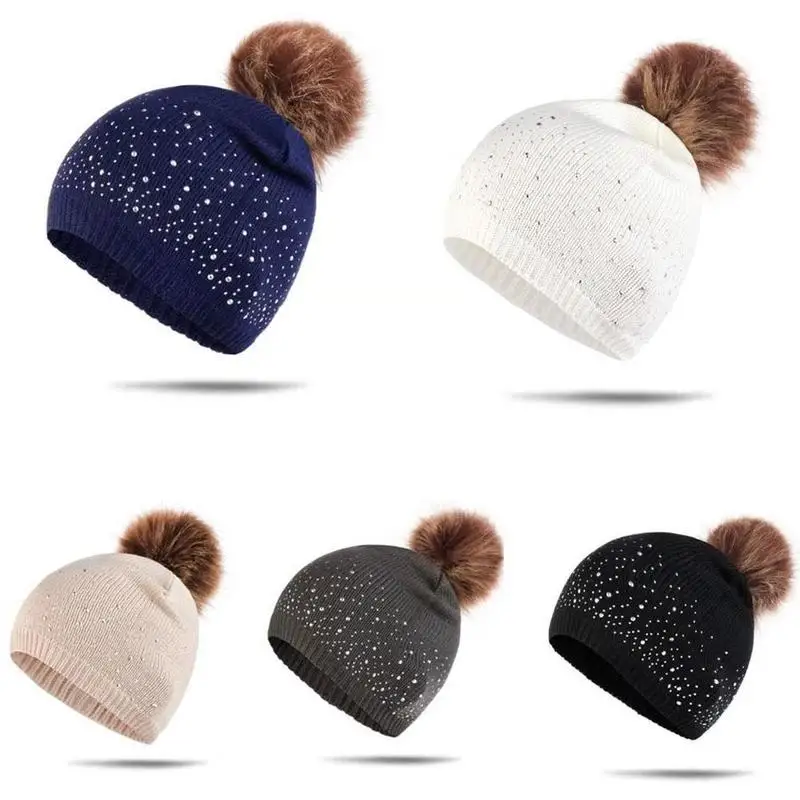 

Parent-child Double-layer Pompom Parent-child Point Drill Warm General Kids Pullover Knitted Adult Knitted Winter Hat Hat A8Y5