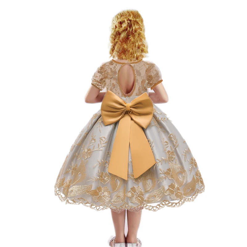 

2021 Hot Sales 0-9 Years Girls Party Dresses Lace Bow baby girl dress Tulle Gold Color Matching ball gown for girls Knee-Length
