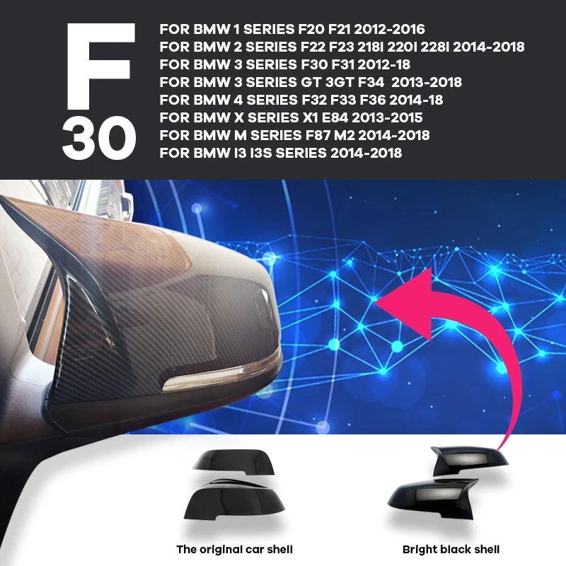 

for BMW F20 F21 F22 F23 F30 F21 F34 F32 F33 F34 F36 E84 X1 F87 M2 i3 Replacement Carbon Fiber Look Rearview Mirror Cover Cap