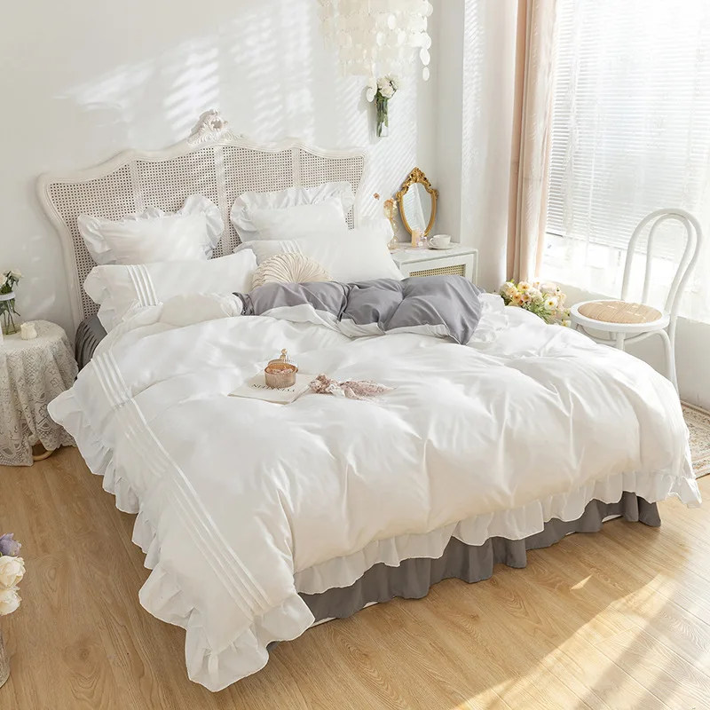 Luxury Cotton Lace Bedding Set White Duvet Cover Bed Linen Tassels Princess Skirt Sets Twin Queen King Bedclothes | Дом и сад