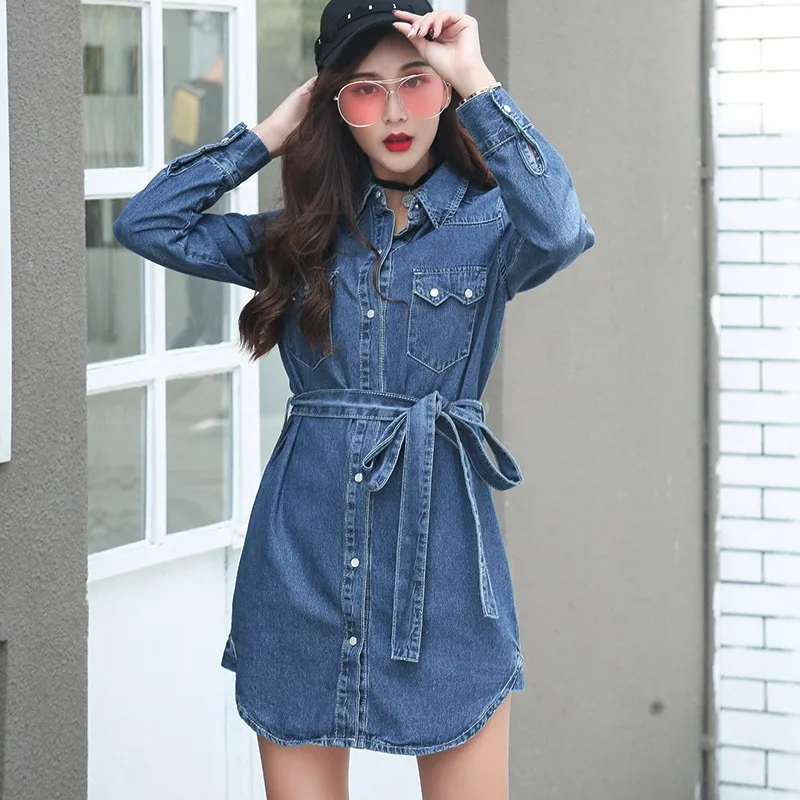 Весенняя новинка женские джинсовые длинные рубашки Корейская Повседневная
