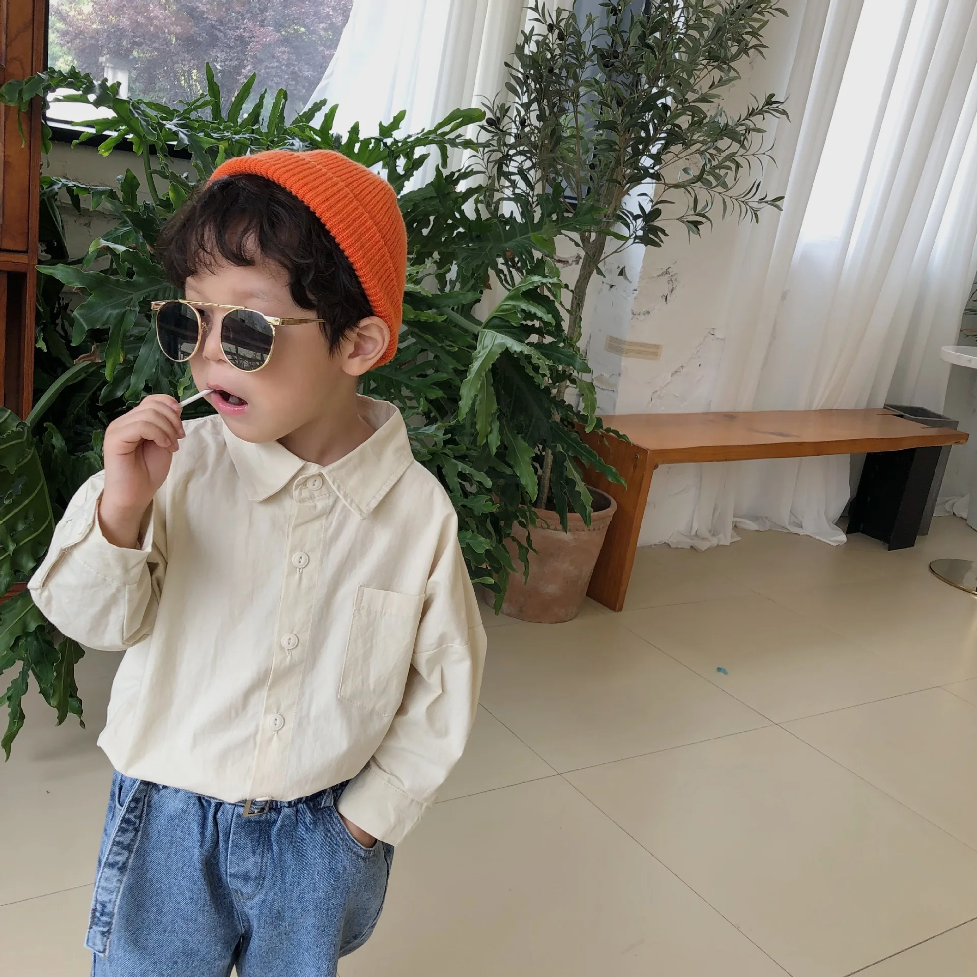 Однотонные рубашки с длинными рукавами в Корейском стиле для мальчиков 2019 г.