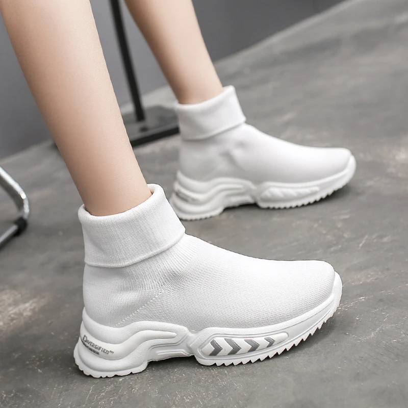

Spring Colorful Socks Shoes Breathable High-top Women Shoes Flats Fashion Sneakers Stretch Fabric Casual Slip-On Ladies Shoes