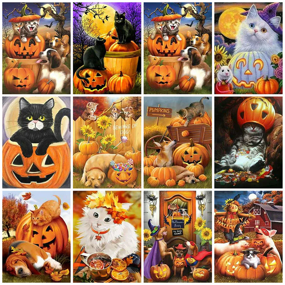 

Алмазная 5d картина HUACAN с кошкой, животным, алмазная вышивка «сделай сам», тыква, мозаика для Хэллоуина, вышивка, домашний декор