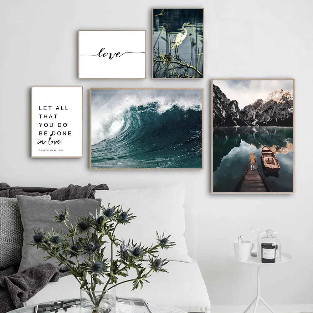 Скандинавские лодки озеро холст живопись синяя волна скандинавский плакат