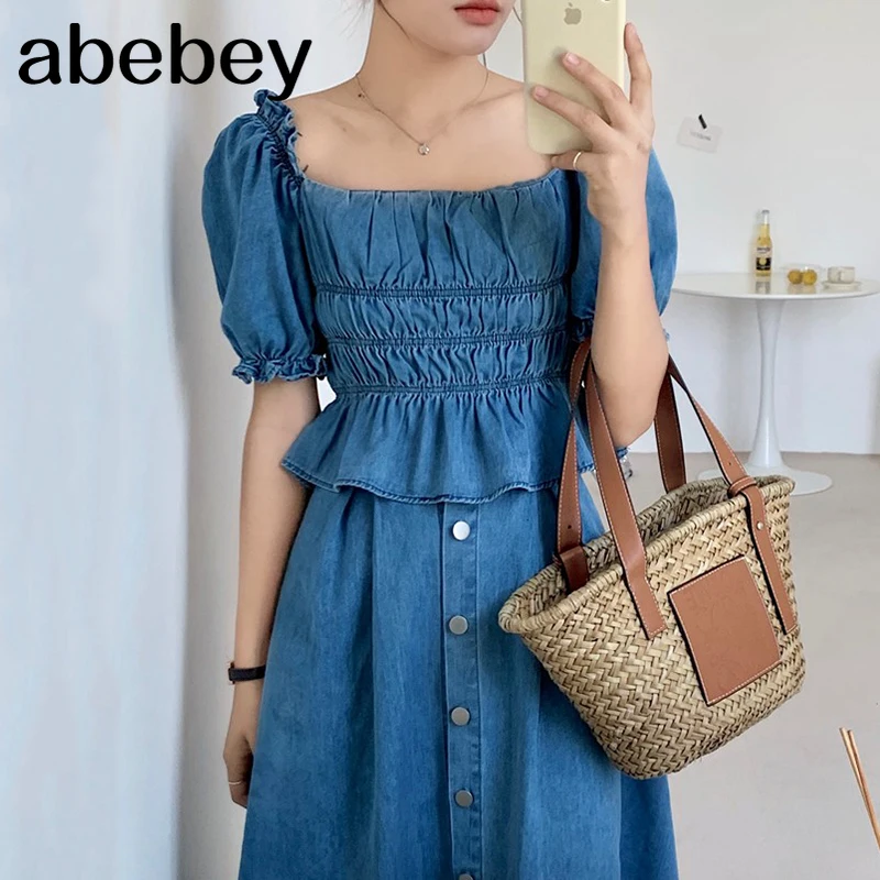 

New Summer Retro square collar puff sleeve pleated waist Top + high waist single breasted denim Skirt 2-piece set 2021