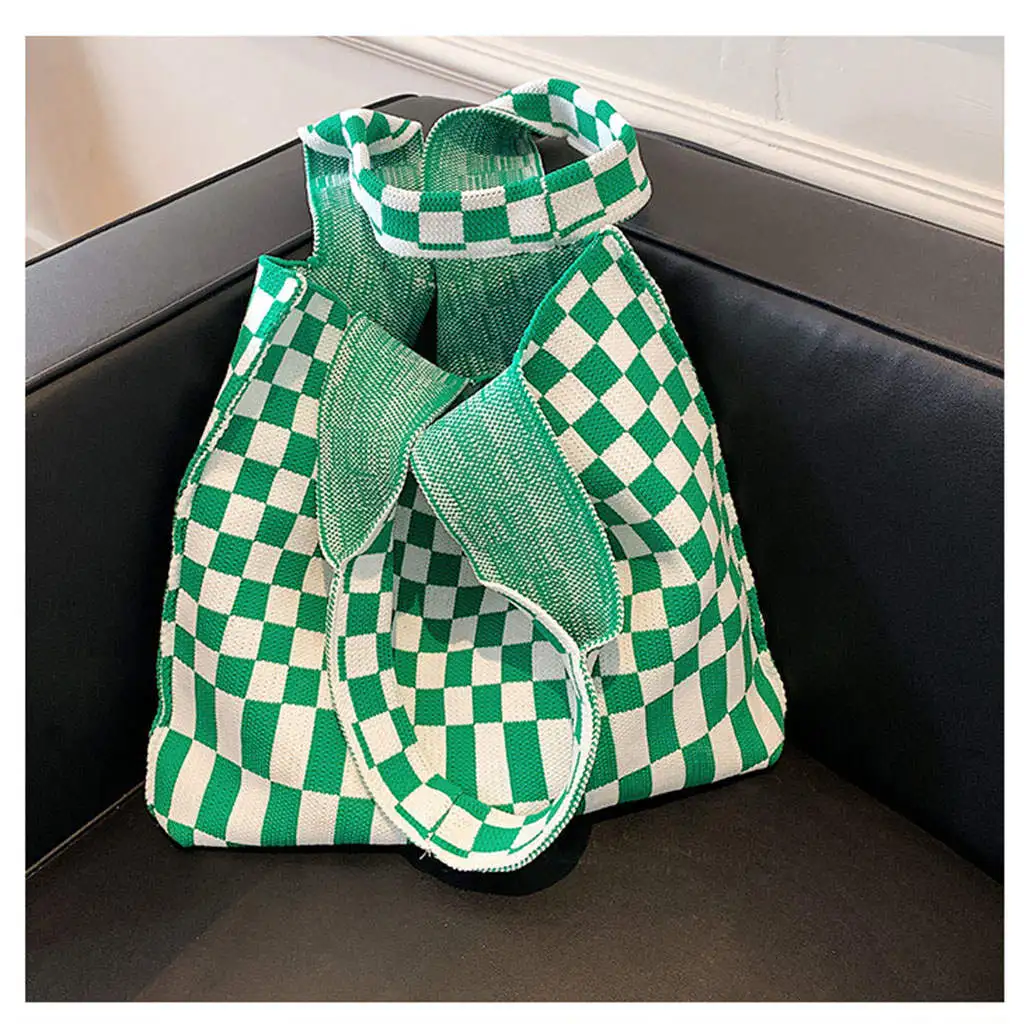 Tote Soft Simple Shopping Bag Large Capacity Casual Chic Checkerboard Women Knitted Shoulder Bag Handbag Books Bag