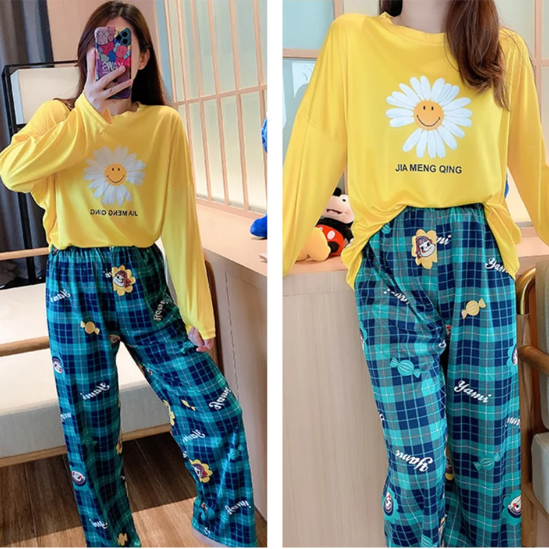 2 Pieces Set Soft Autumn Summer Women Pajamas Sets Minne Mouse Printed Sleepwear Tops and Pants Female Leisure Nightwear Suit