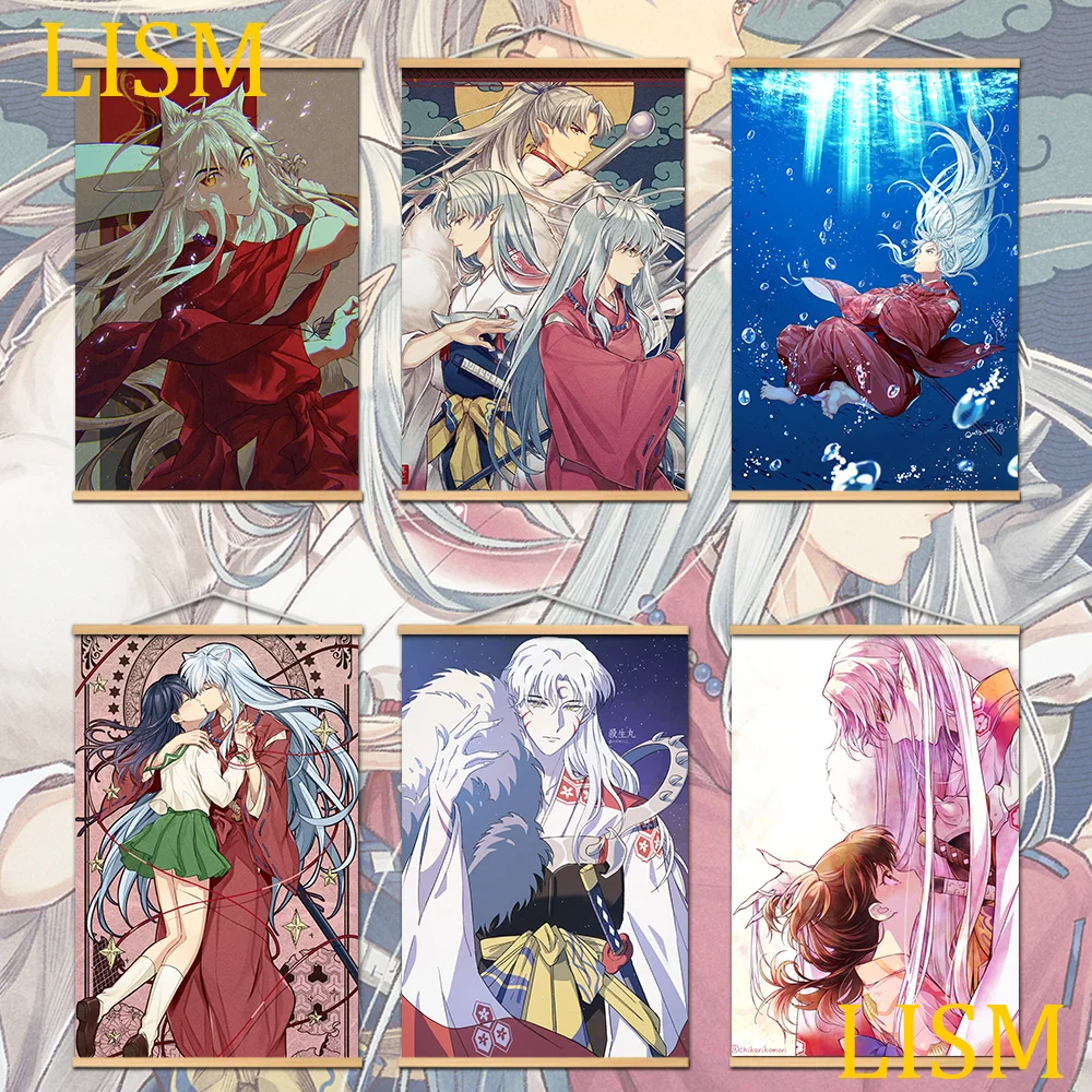 

Inuyasha Sesshoumaru Higurashi Kagome Anime Poster Manga canvas painting Solid Wood Hanging Scroll for wall decor