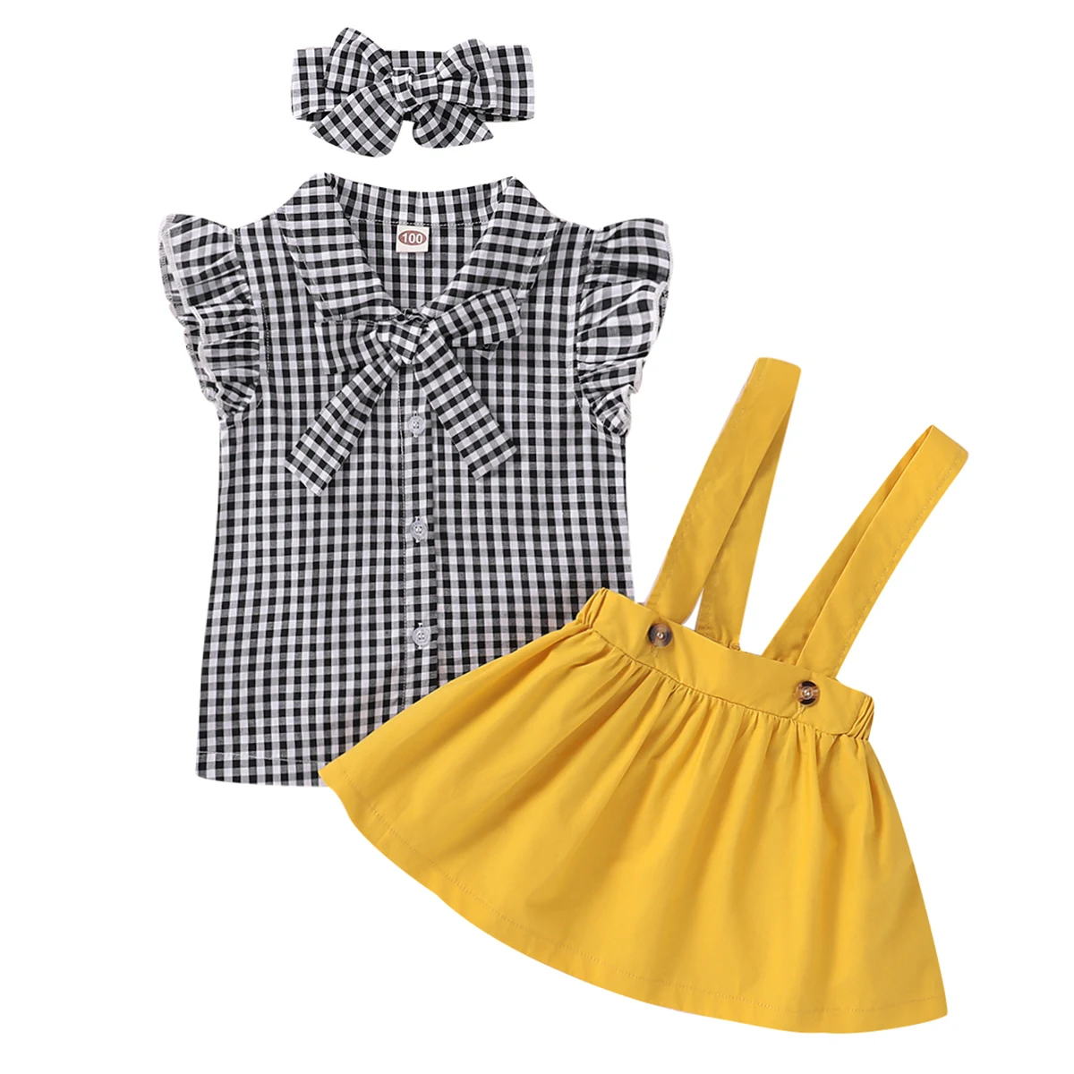 

Puseky Baby Girls Clothes Sets 2020 Summer Plaid flying sleeve top+strap dress+Headband 3-piece kids Children's Clothing Suit