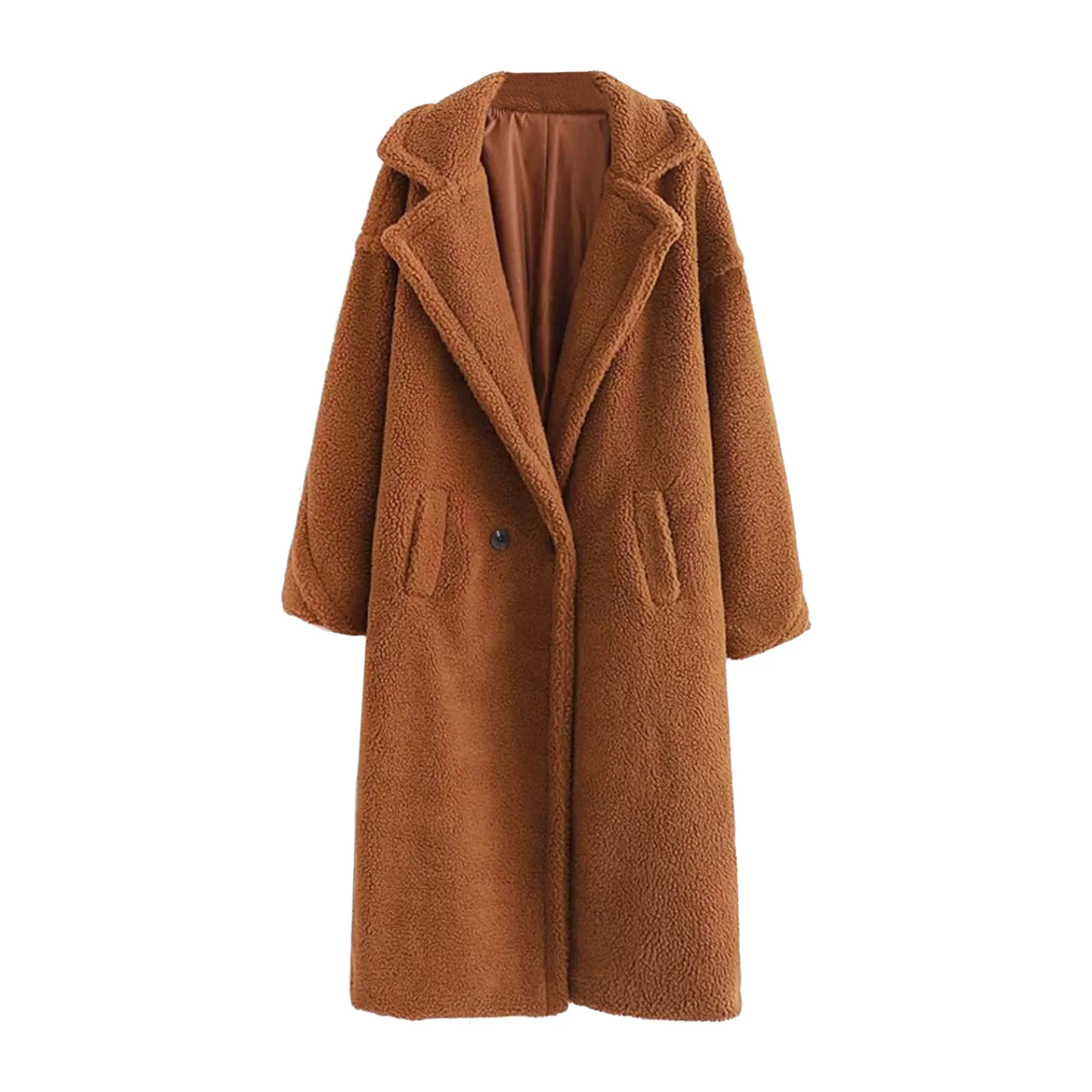 

Women Autumn Winter Cardigan Long-sleeved Lapel Double-faced Fleece Solid Color Plush Pocket Casual Coat Lightweight Coat