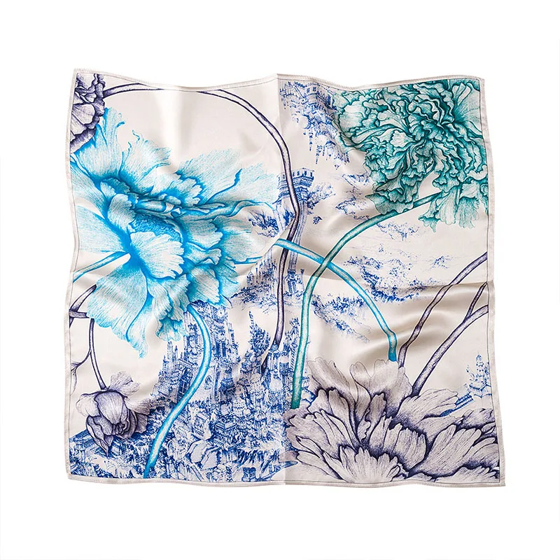 

Женский шелковый шарф с цветочным принтом, квадратный сменный шейный платок из 2021 натурального шелка 53*53 см, 100%