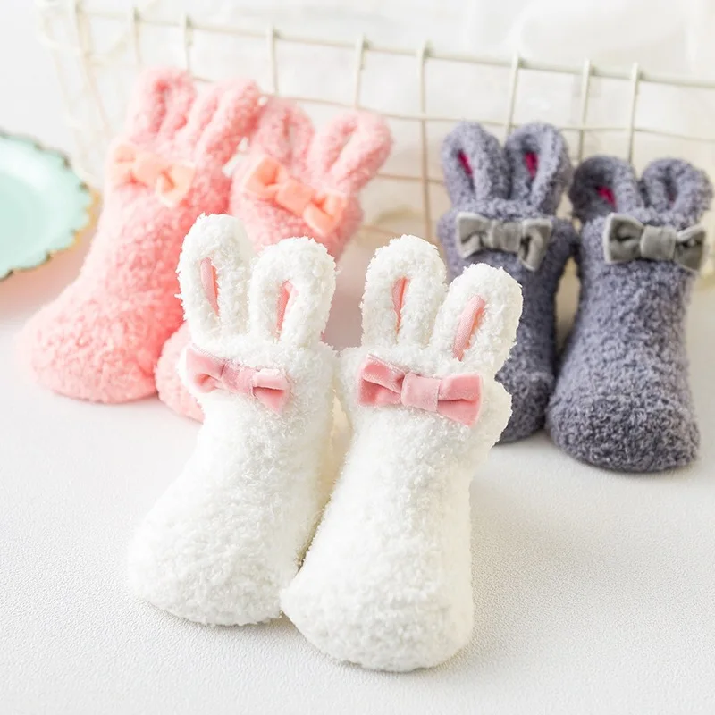 

Милые детские носки из кораллового флиса с кроликом, милые короткие детские носки с бантом для девочек и мальчиков, теплые плюшевые носки дл...