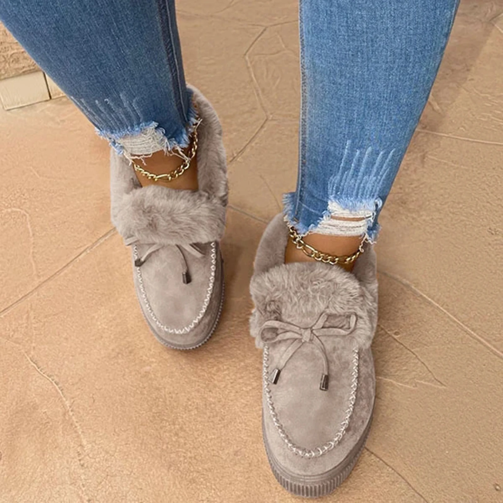 

Women Fashion Winter Cotton Shoes Bowknot Plush Warm Snow Boots Casual Flat Short Boots Solid Color Furry Females Feetwear MVI