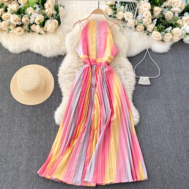 

Summer Women Dress 2021 Off Shoulders Spaghetti Strap Gradient Color Ladies Dress Sleeveless Slim Pleated Long Swing Slip Dress
