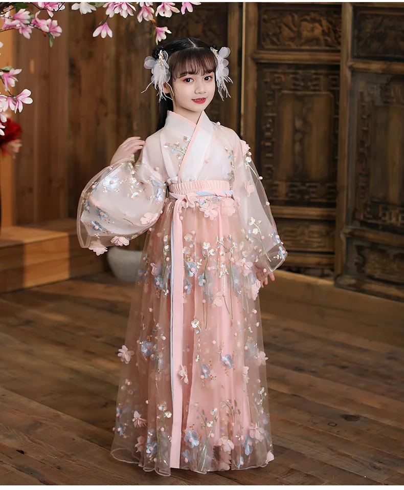 

Chinese Costume Litter Girl Sweet Pleated Dresses Summer New Cute Appliques Formal Prom Gown Traditional Full Sleeve Skirt Hanfu