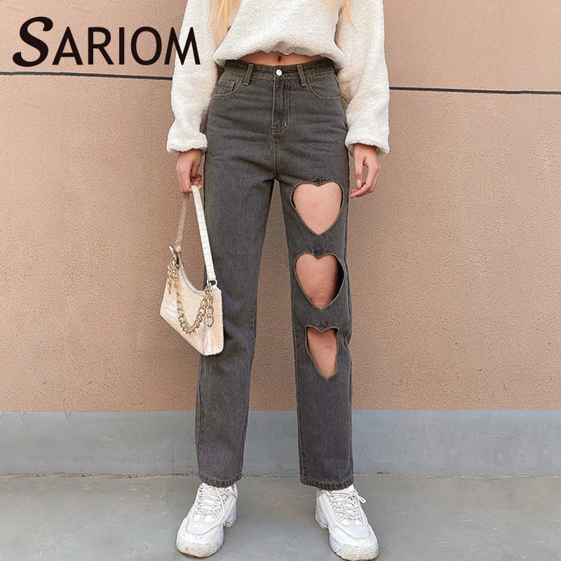 

Heart Hole Grey High Waisted Jeans 90s Style Hollow Out Pocket Harajuku Trausers For Women Ladies Bottoms Pants Vaqueros Mujer