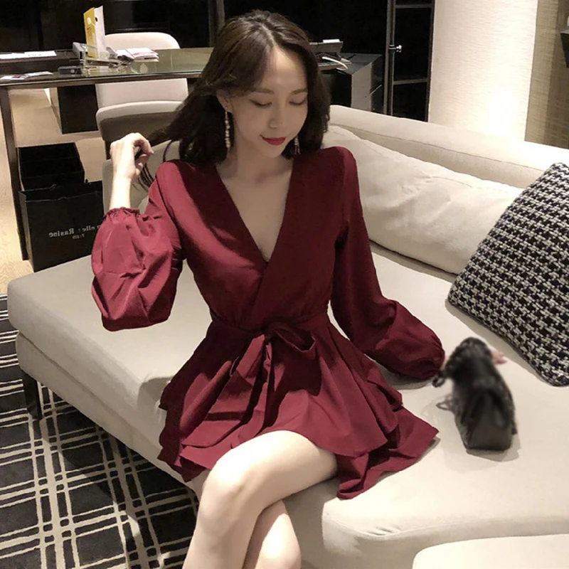 Сексуальное платье женское осеннее Свободное с v образным вырезом и длинным